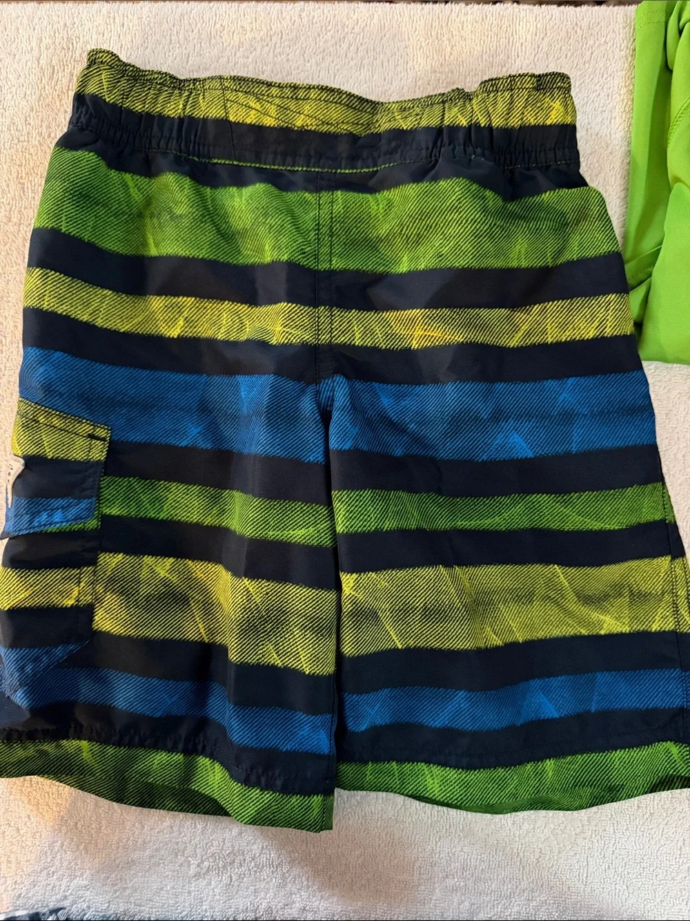 Columbia boy’s Neon Green Rash Guard with Striped Swim Shorts